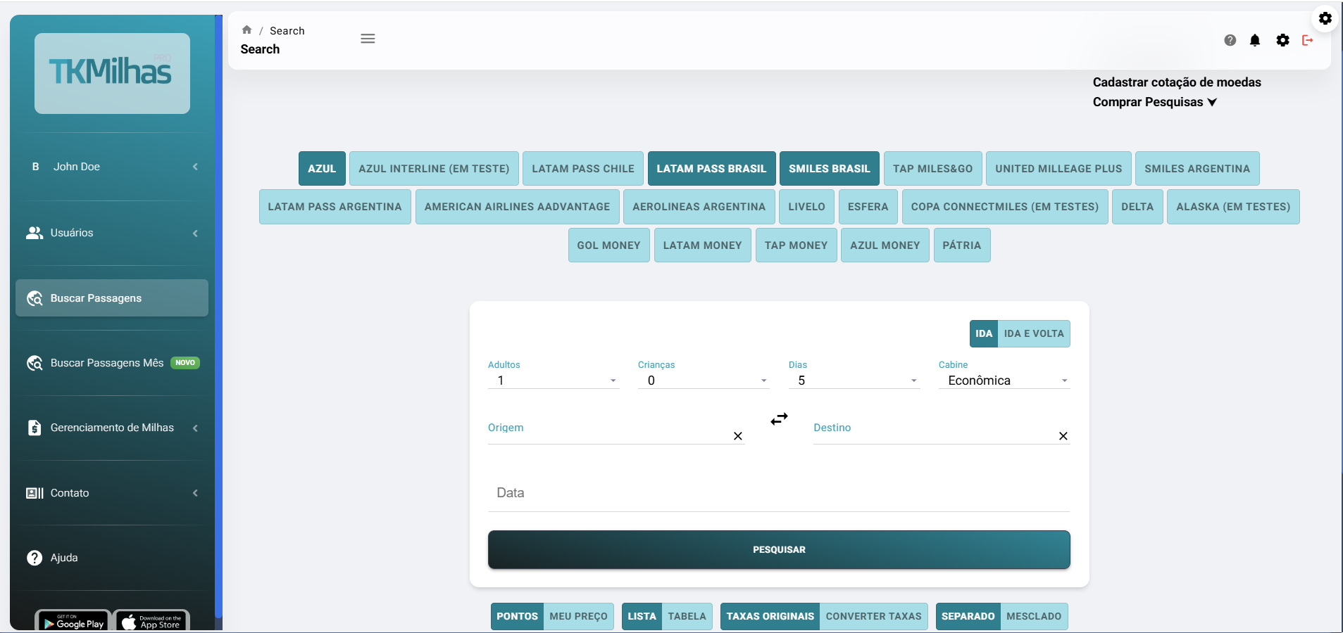 Interface de busca do TKMilhas